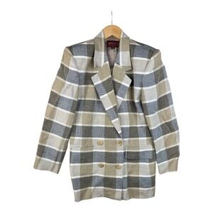 Vintage Sasson Double Breasted Linen Blend Plaid Blazer size 8 Tan/Gray